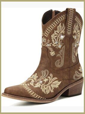 Cowboy Boots for Women - Embroidered Rhinestone Pointed Toe Chunky Heel Side